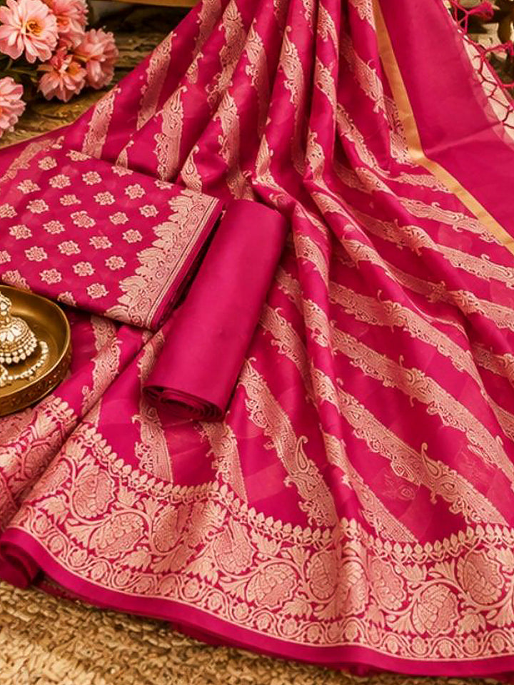 Rani-Pink Woven Design Banarasi Chanderi Unstitched Dress Material
