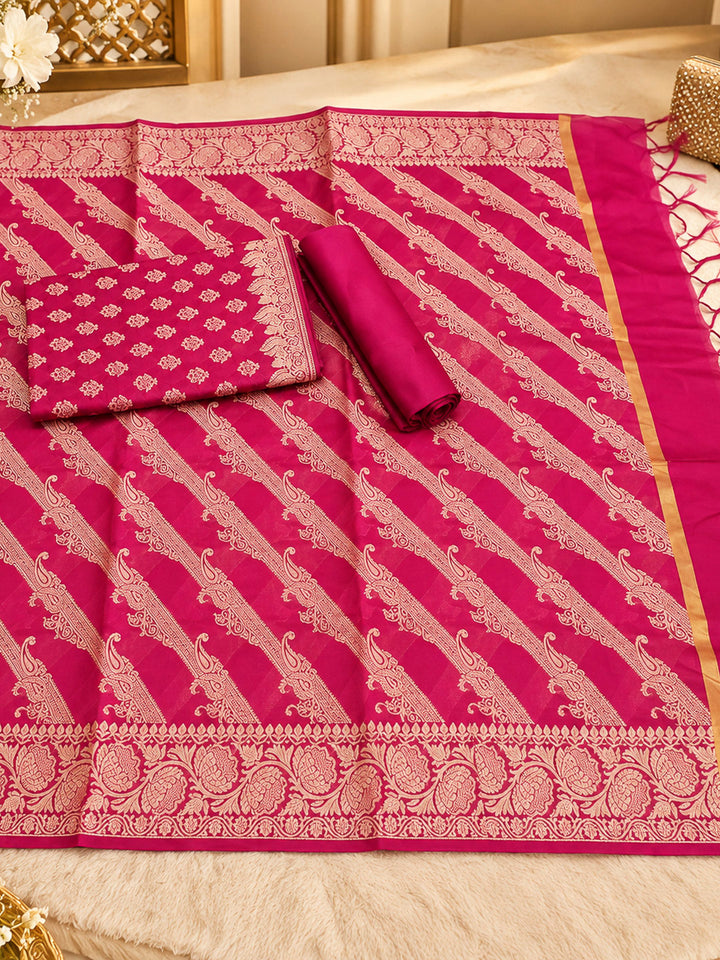 Rani-Pink Woven Design Banarasi Chanderi Unstitched Dress Material