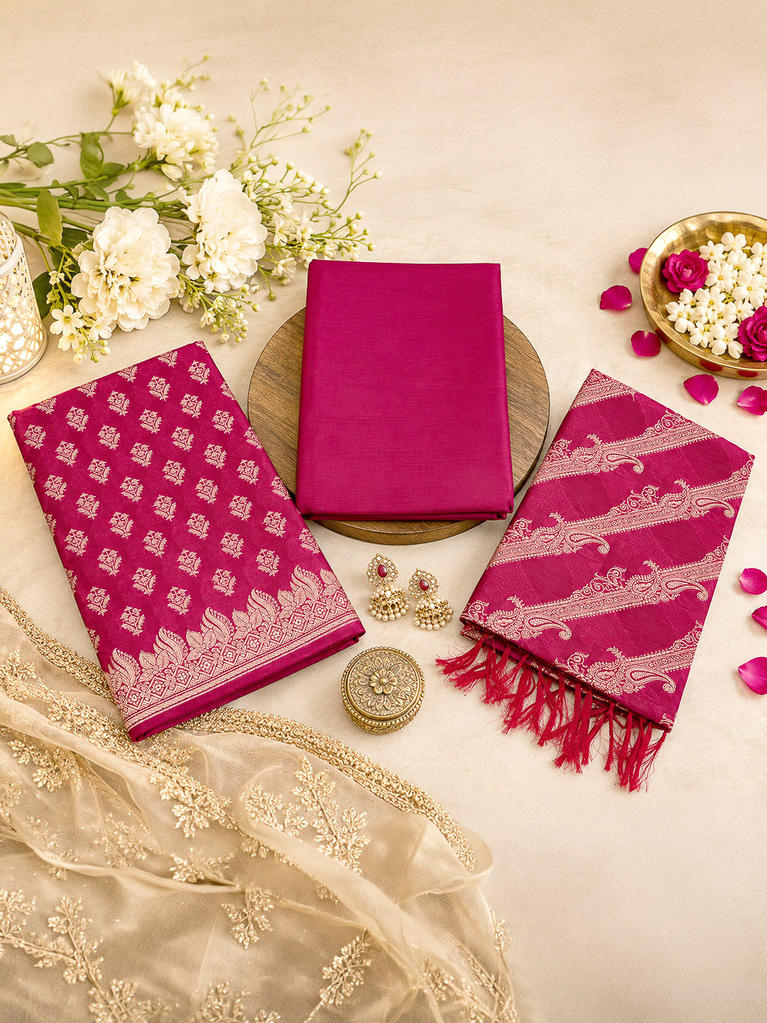 Rani-Pink Woven Design Banarasi Chanderi Unstitched Dress Material
