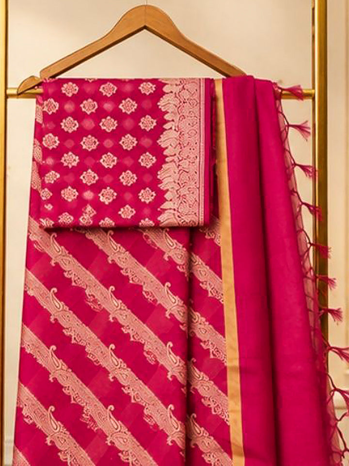Rani-Pink Woven Design Banarasi Chanderi Unstitched Dress Material