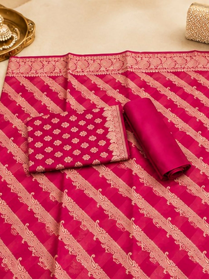 Rani-Pink Woven Design Banarasi Chanderi Unstitched Dress Material