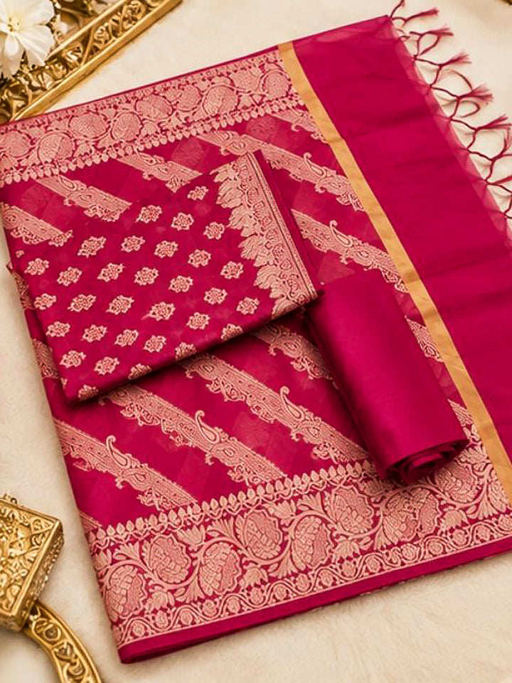 Rani-Pink Woven Design Banarasi Chanderi Unstitched Dress Material