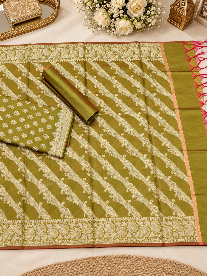 Mehndi Woven Design Banarasi Chanderi Unstitched Dress Material