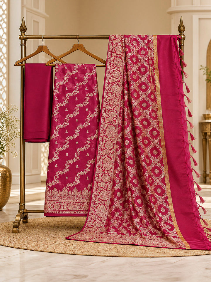 Maroon Woven Design Banarasi Chanderi Unstitched Dress Material