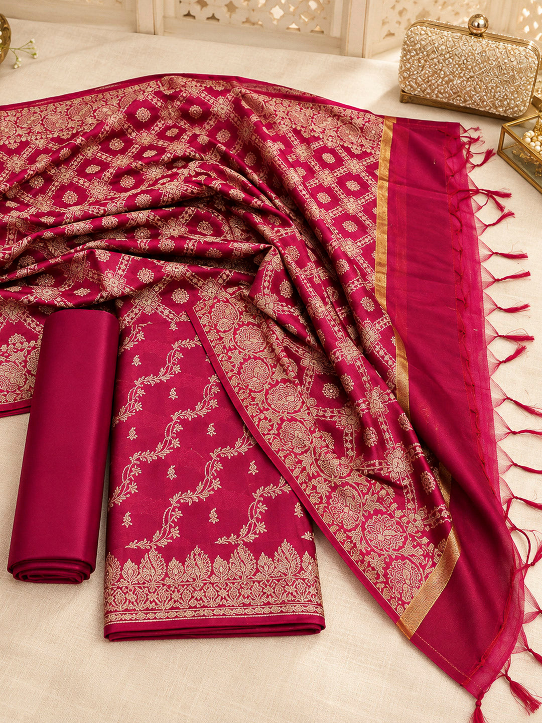 Maroon Woven Design Banarasi Chanderi Unstitched Dress Material