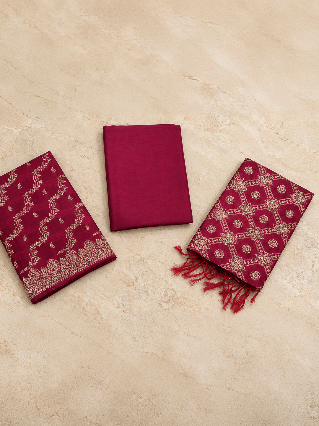 Maroon Woven Design Banarasi Chanderi Unstitched Dress Material