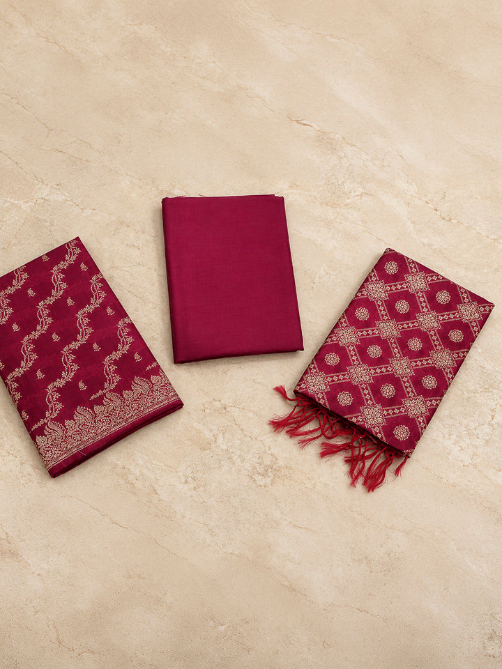 Maroon Woven Design Banarasi Chanderi Unstitched Dress Material
