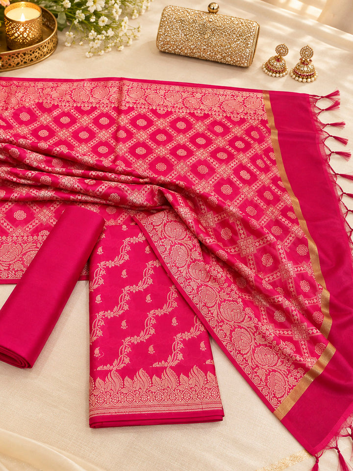 Pink Woven Design Banarasi Chanderi Unstitched Dress Material