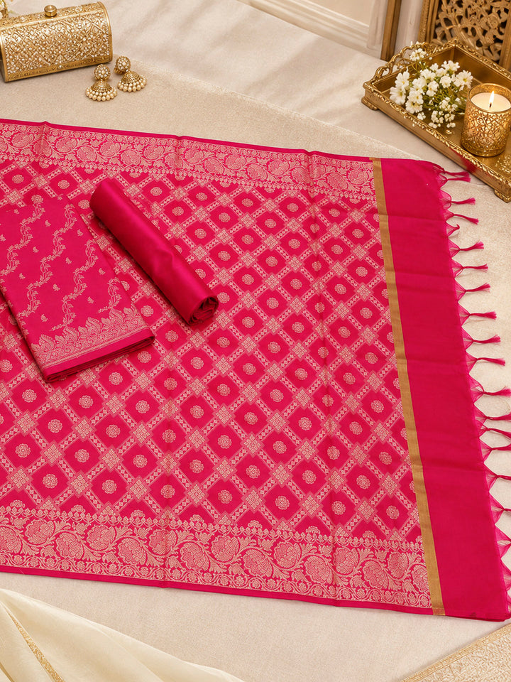 Pink Woven Design Banarasi Chanderi Unstitched Dress Material