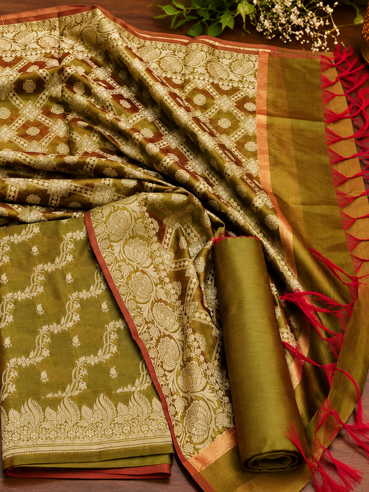 Mehndi Woven Design Banarasi Chanderi Unstitched Dress Material