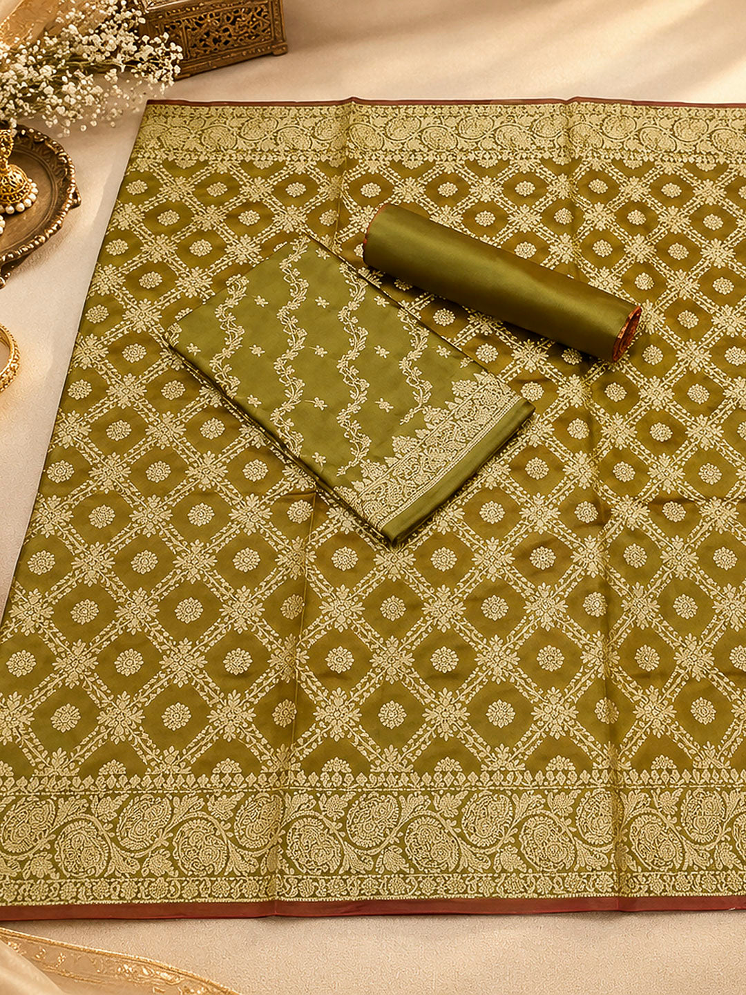 Mehndi Woven Design Banarasi Chanderi Unstitched Dress Material