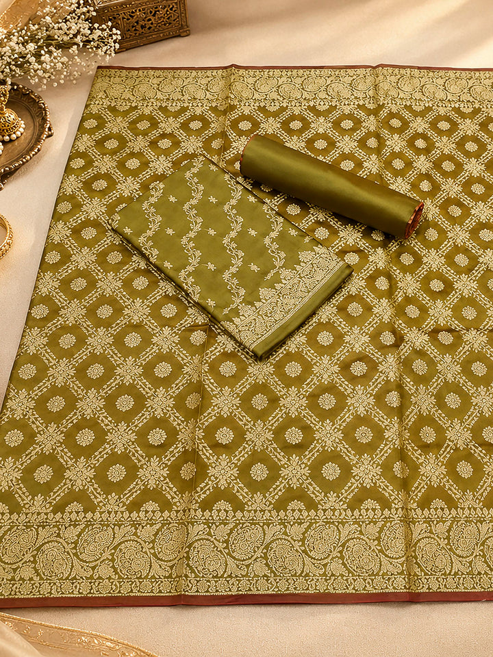 Mehndi Woven Design Banarasi Chanderi Unstitched Dress Material