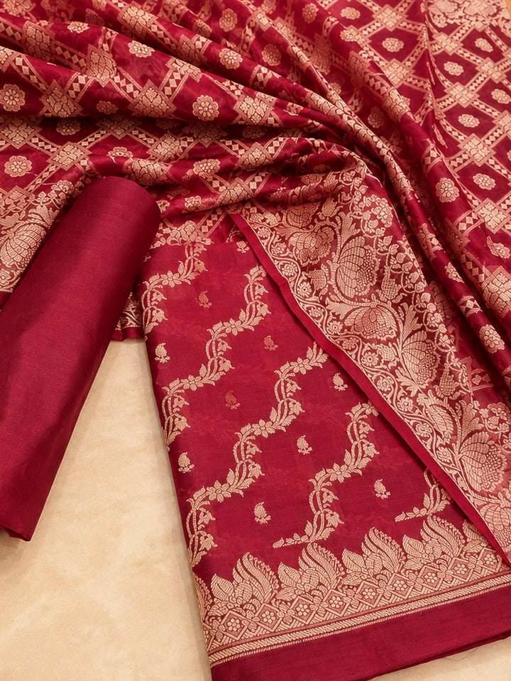 Maroon Woven Design Banarasi Chanderi Unstitched Dress Material