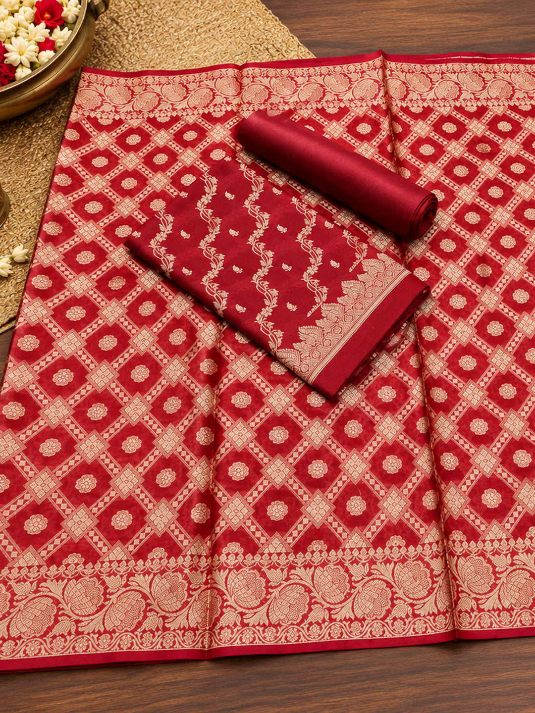 Maroon Woven Design Banarasi Chanderi Unstitched Dress Material