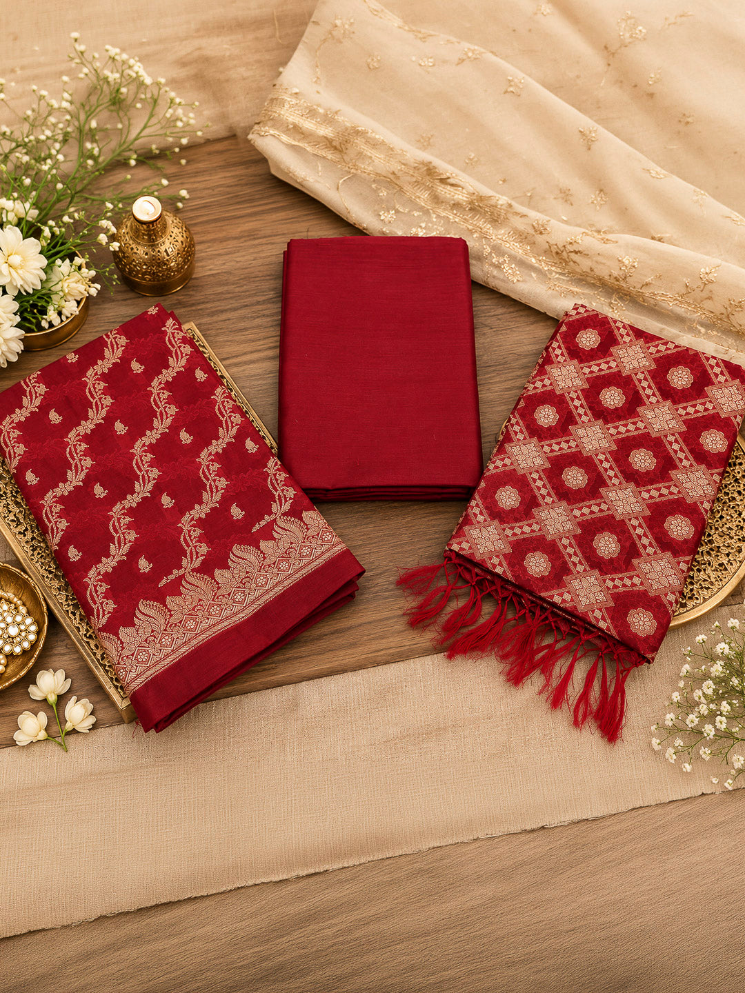 Maroon Woven Design Banarasi Chanderi Unstitched Dress Material