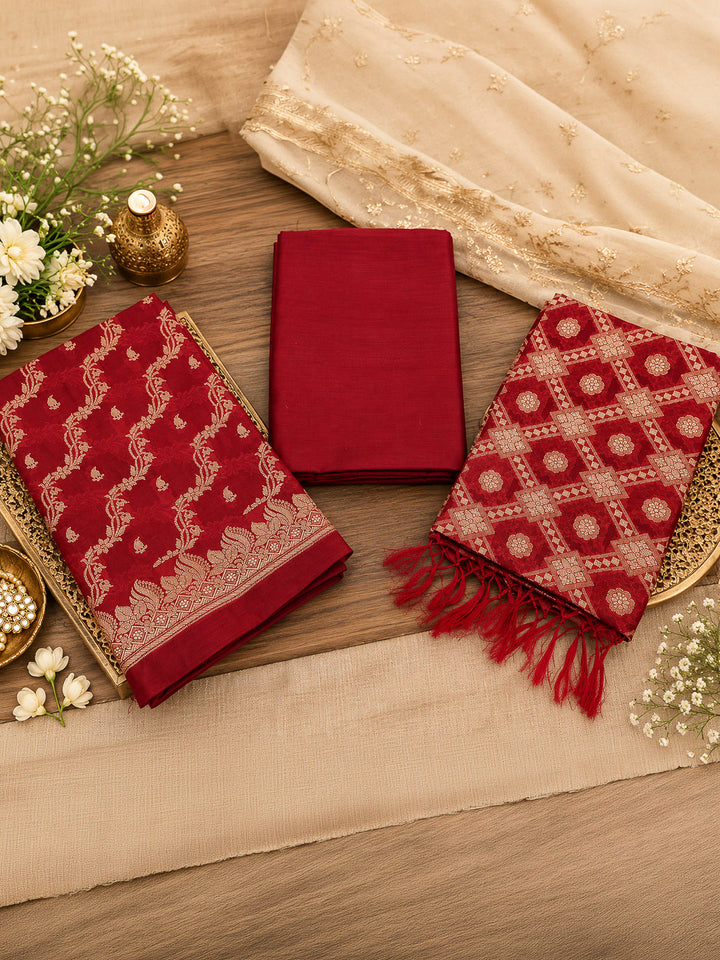 Maroon Woven Design Banarasi Chanderi Unstitched Dress Material