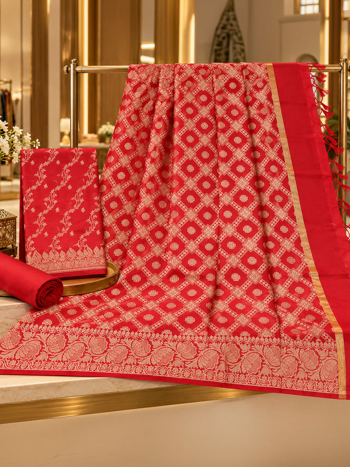Red Woven Design Banarasi Chanderi Unstitched Dress Material