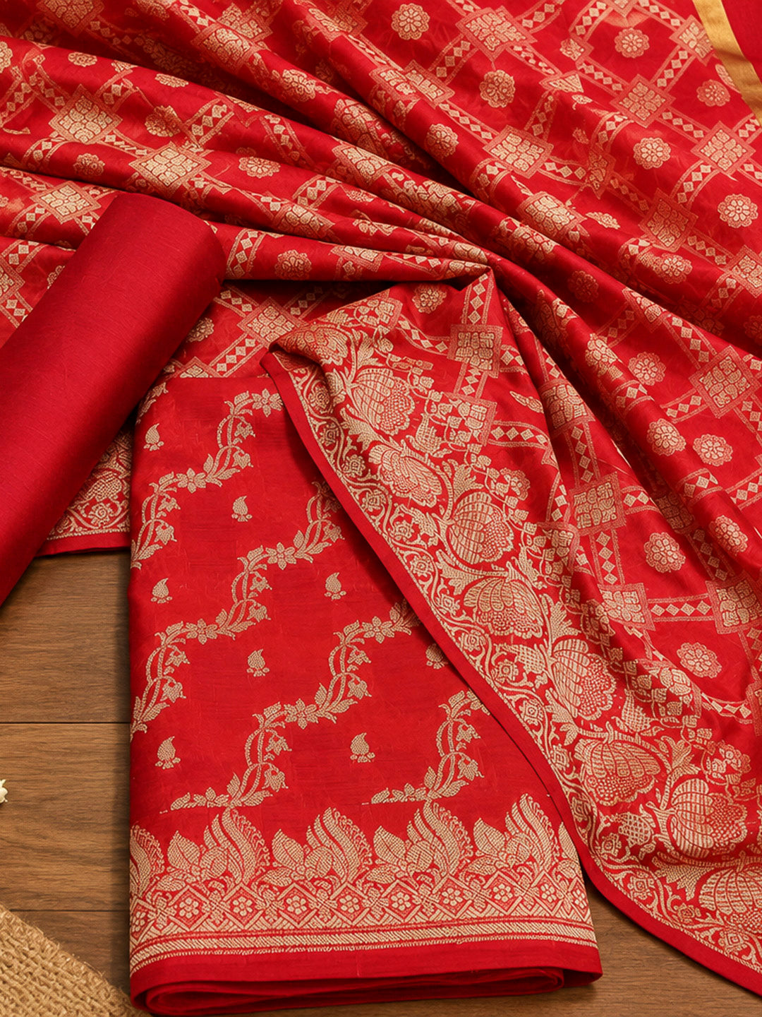 Red Woven Design Banarasi Chanderi Unstitched Dress Material