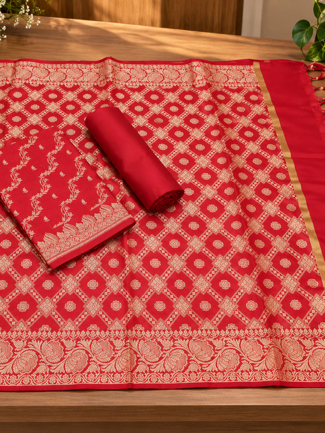 Red Woven Design Banarasi Chanderi Unstitched Dress Material