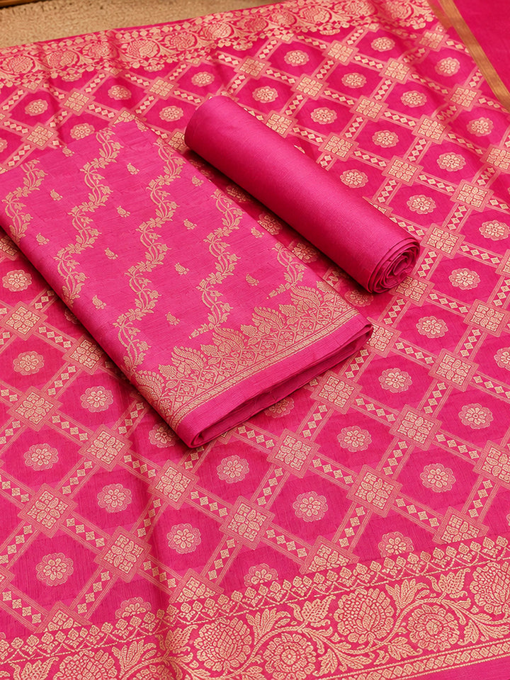 Coral Pink Woven Design Banarasi Chanderi Unstitched Dress Material