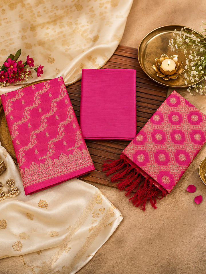 Coral Pink Woven Design Banarasi Chanderi Unstitched Dress Material