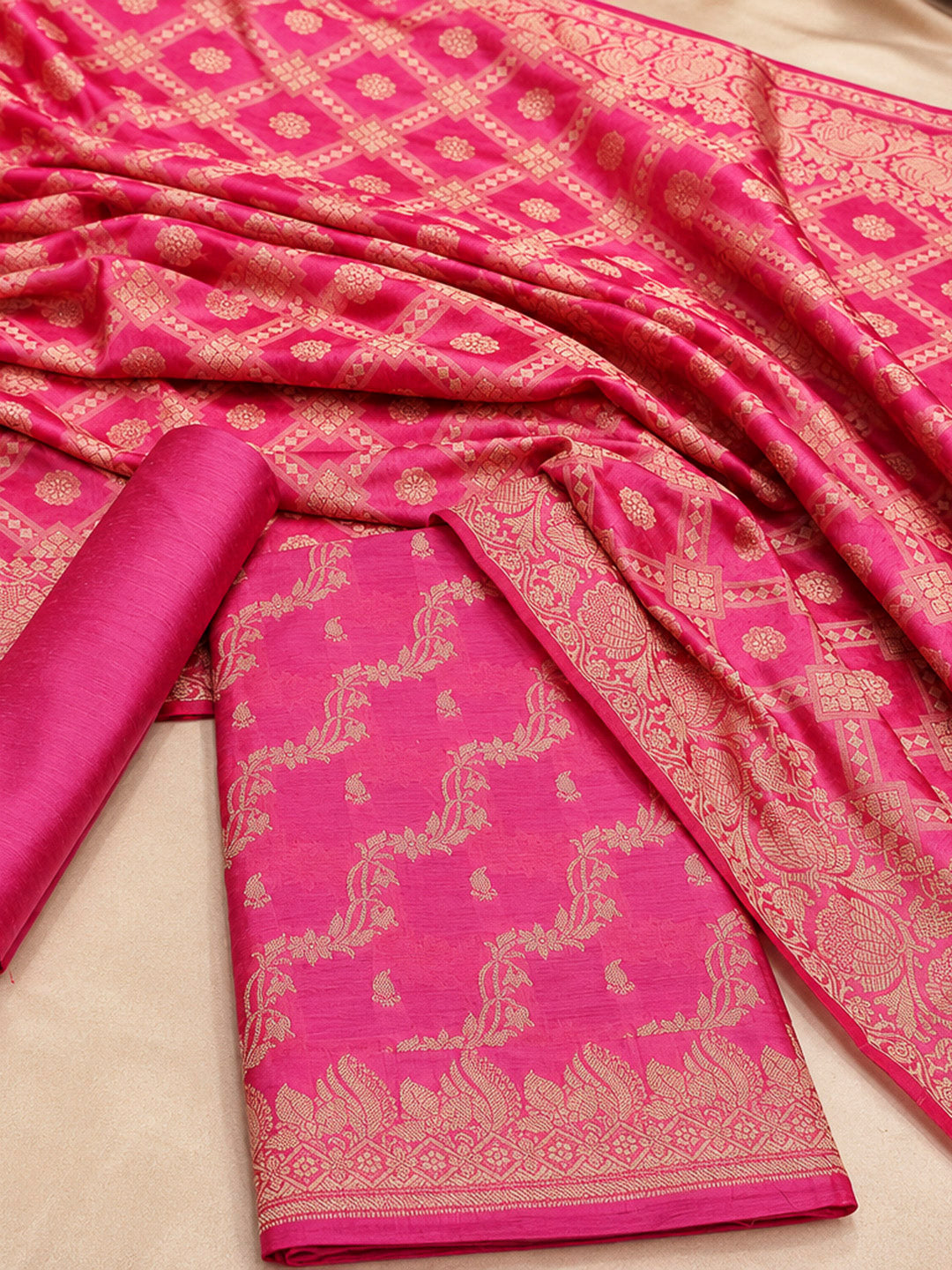 Coral Pink Woven Design Banarasi Chanderi Unstitched Dress Material