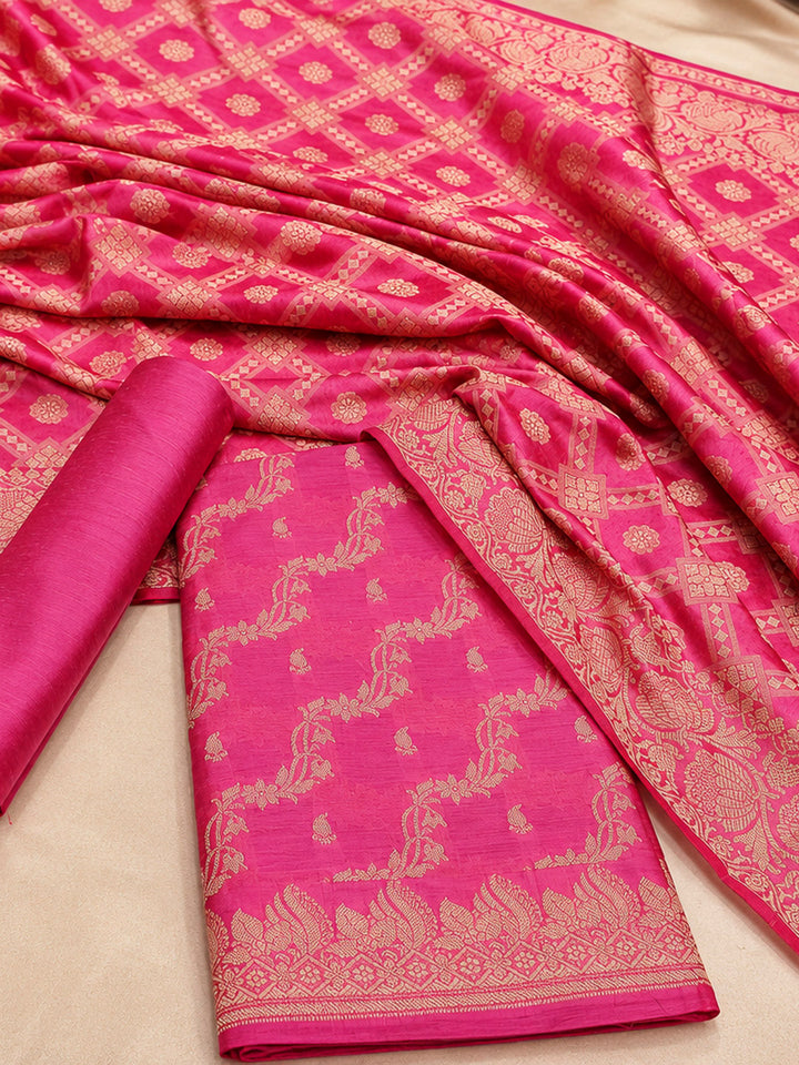 Coral Pink Woven Design Banarasi Chanderi Unstitched Dress Material