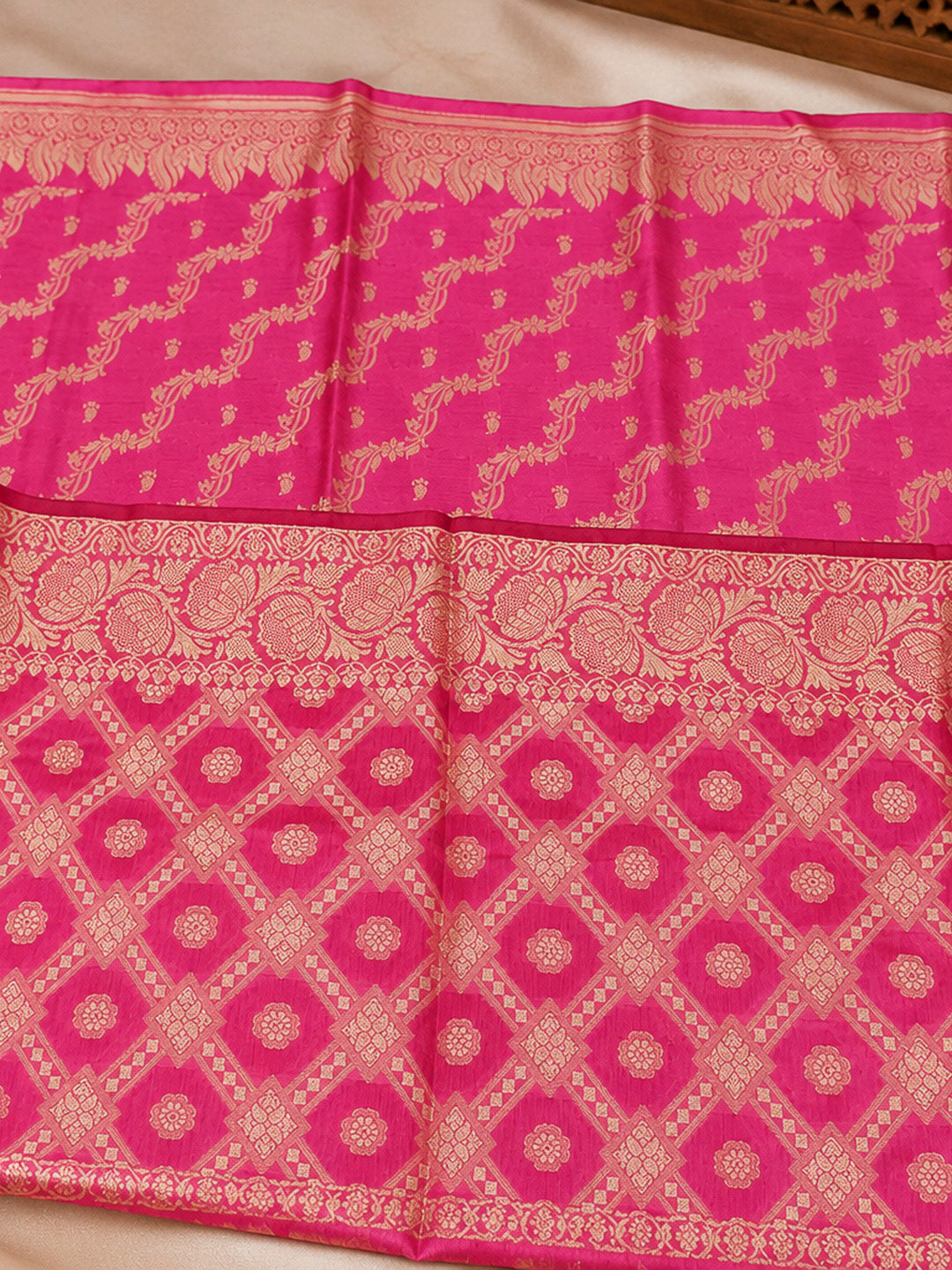 Coral Pink Woven Design Banarasi Chanderi Unstitched Dress Material