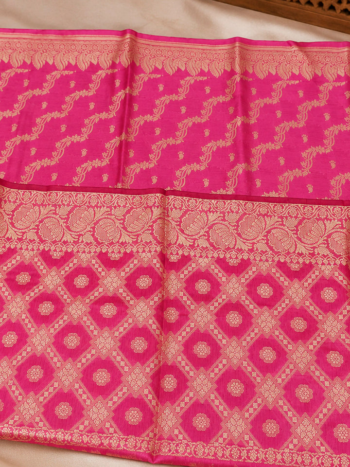 Coral Pink Woven Design Banarasi Chanderi Unstitched Dress Material