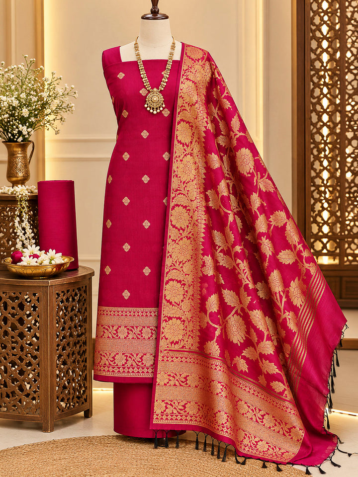 Rani-Pink Woven Design Banarasi Chanderi Unstitched Dress Material