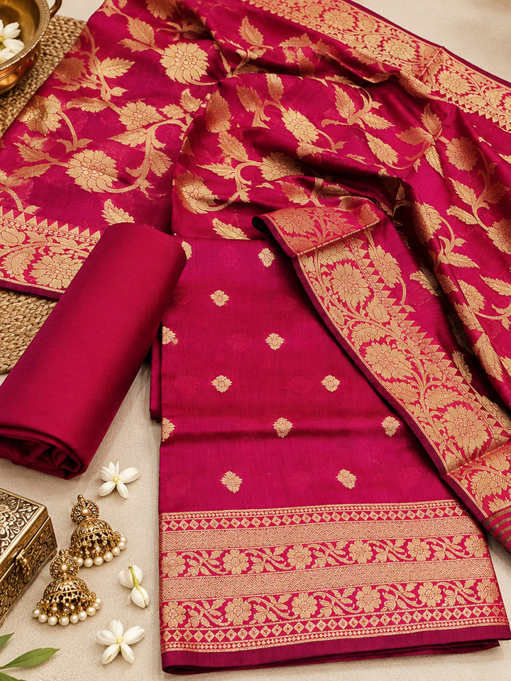 Rani-Pink Woven Design Banarasi Chanderi Unstitched Dress Material