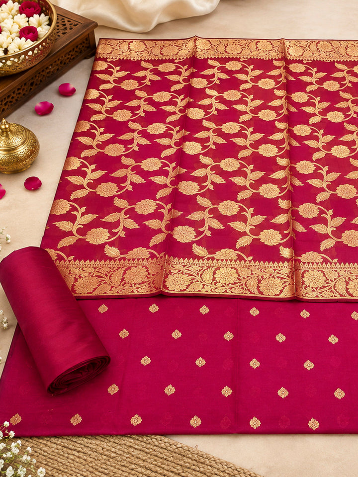 Rani-Pink Woven Design Banarasi Chanderi Unstitched Dress Material