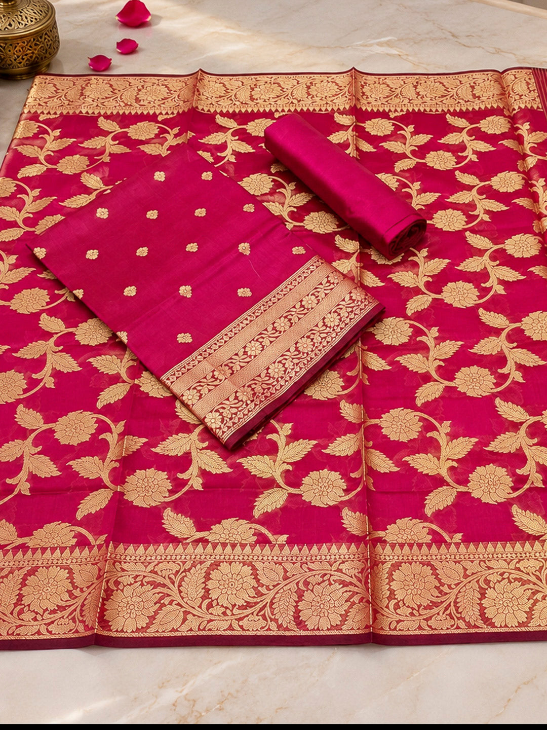 Rani-Pink Woven Design Banarasi Chanderi Unstitched Dress Material