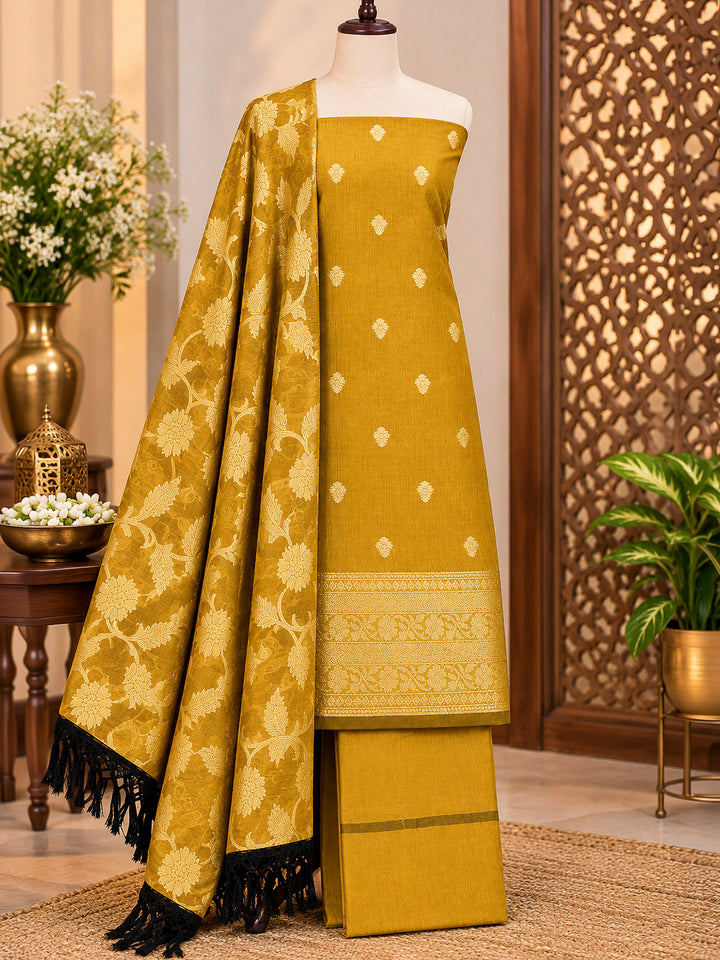Mustard Woven Design Banarasi Chanderi Unstitched Dress Material