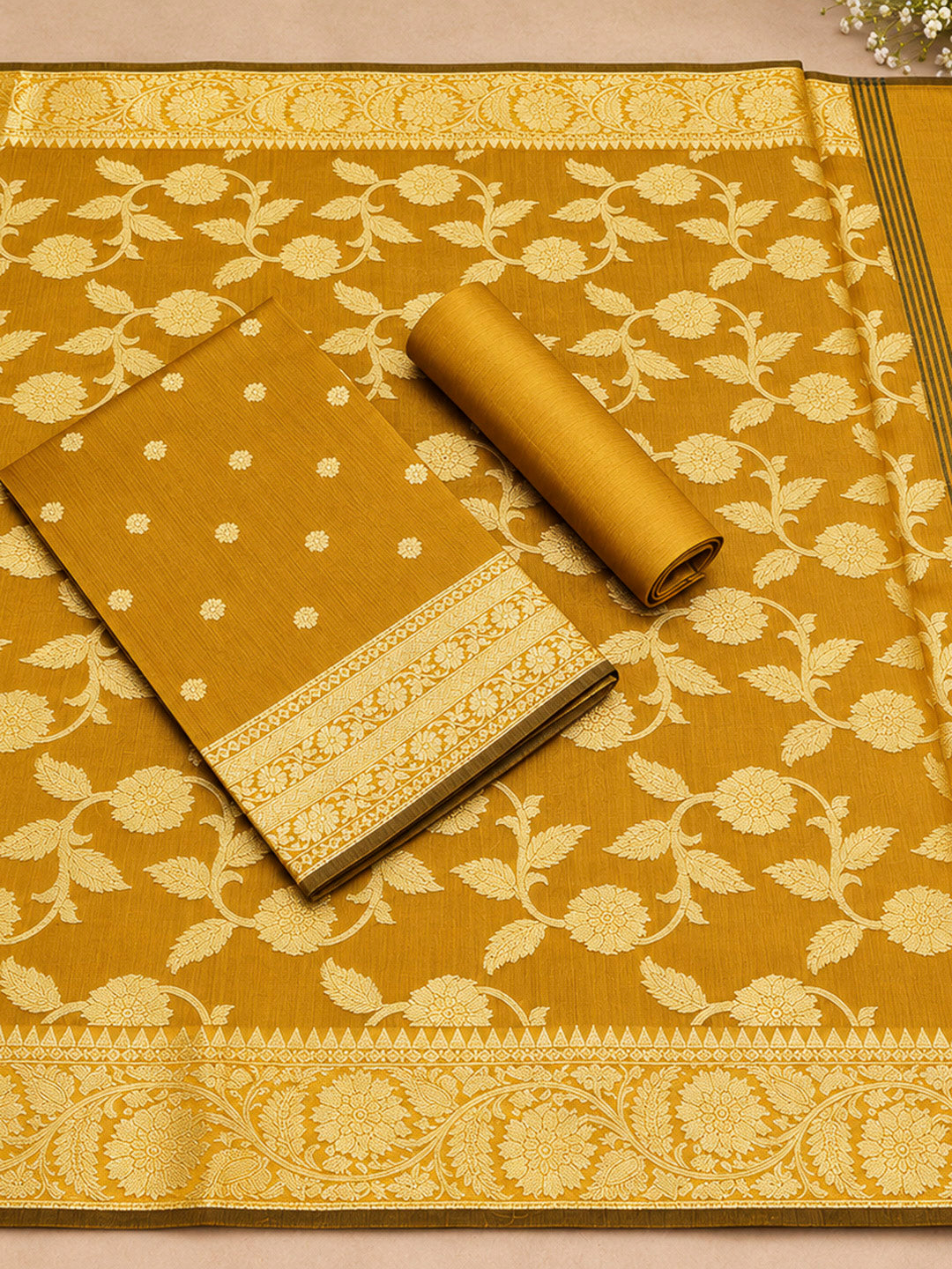 Mustard Woven Design Banarasi Chanderi Unstitched Dress Material