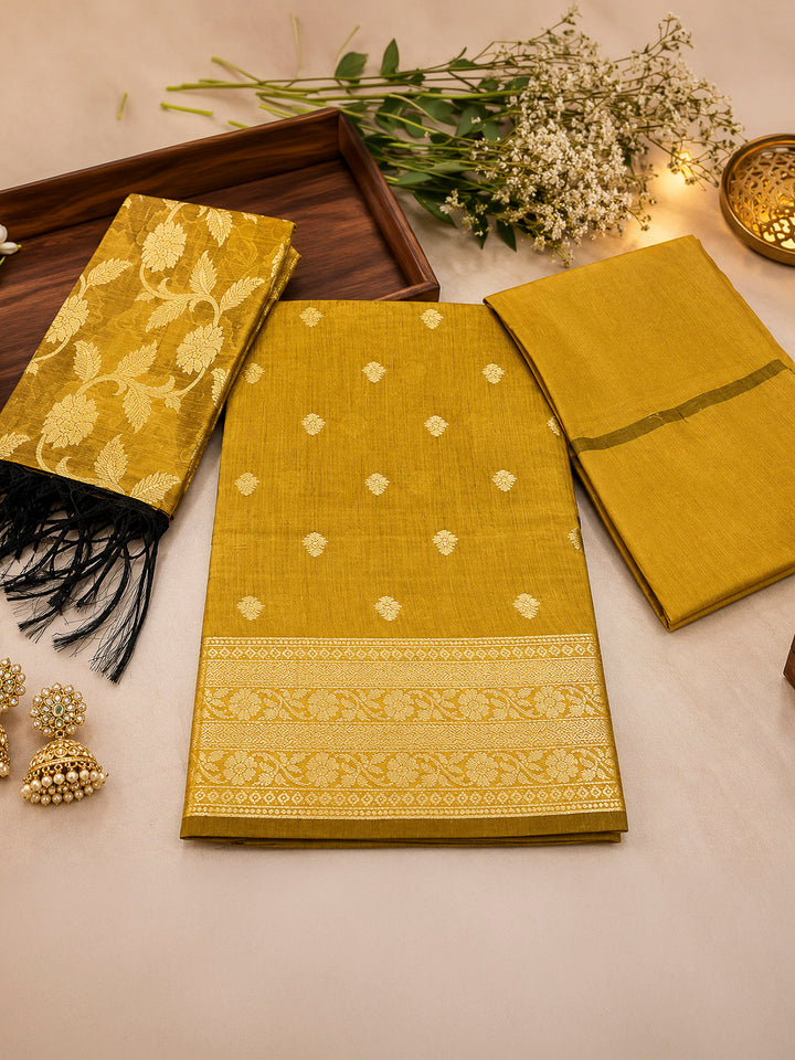 Mustard Woven Design Banarasi Chanderi Unstitched Dress Material
