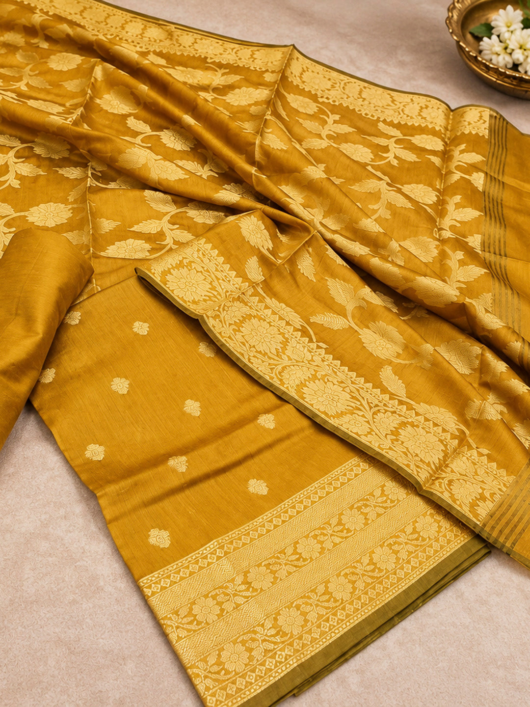 Mustard Woven Design Banarasi Chanderi Unstitched Dress Material
