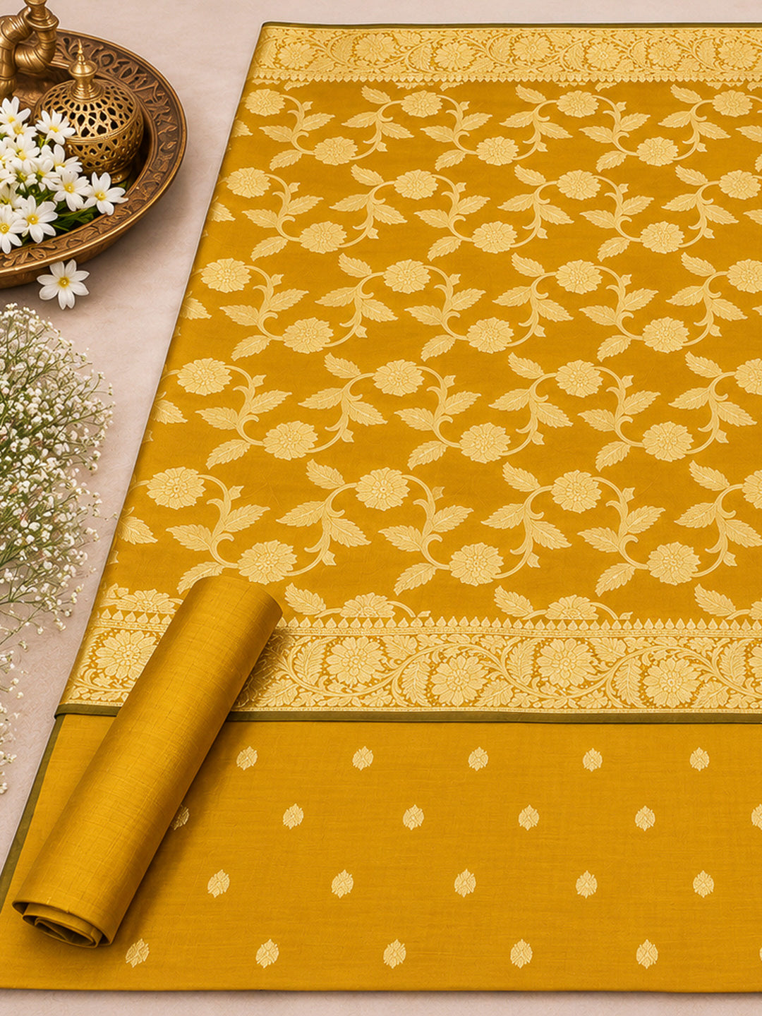 Mustard Woven Design Banarasi Chanderi Unstitched Dress Material