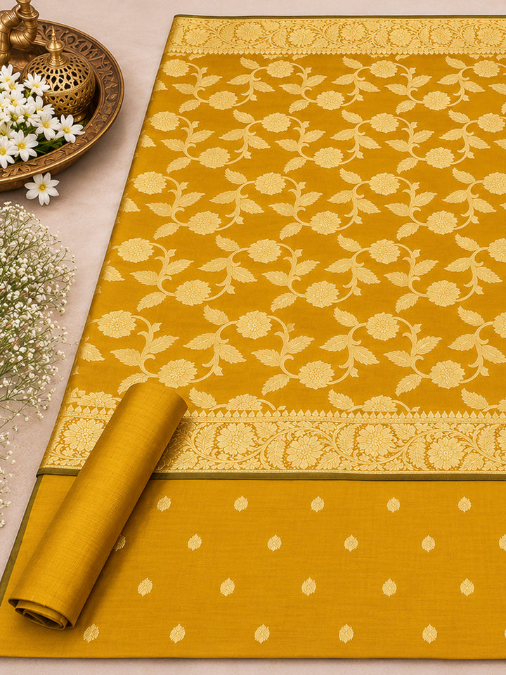 Mustard Woven Design Banarasi Chanderi Unstitched Dress Material