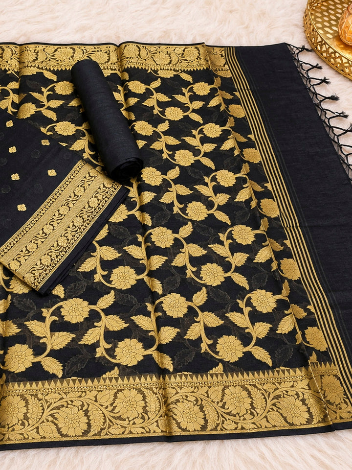 Black Woven Design Banarasi Chanderi Unstitched Dress Material
