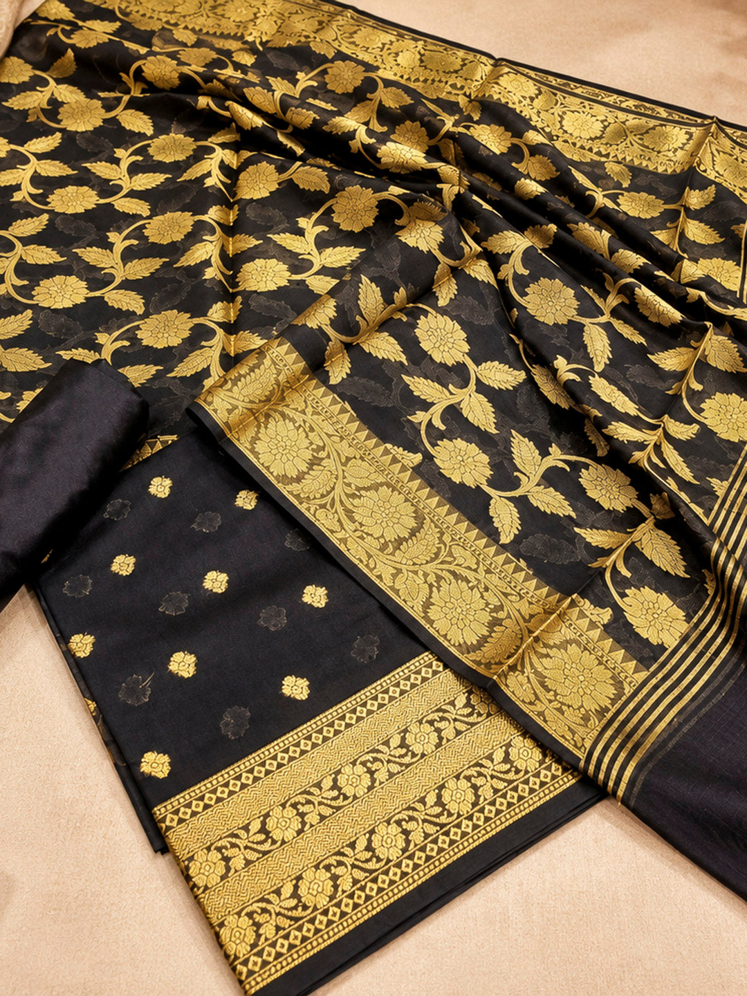 Black Woven Design Banarasi Chanderi Unstitched Dress Material