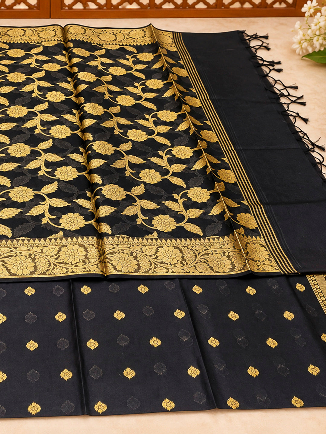 Black Woven Design Banarasi Chanderi Unstitched Dress Material
