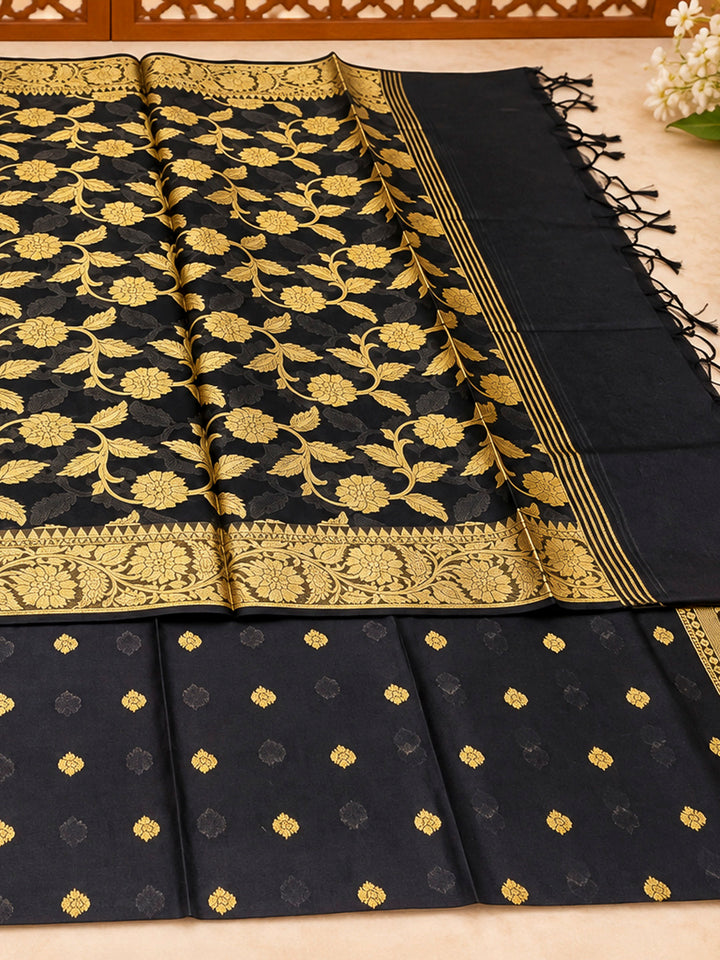 Black Woven Design Banarasi Chanderi Unstitched Dress Material