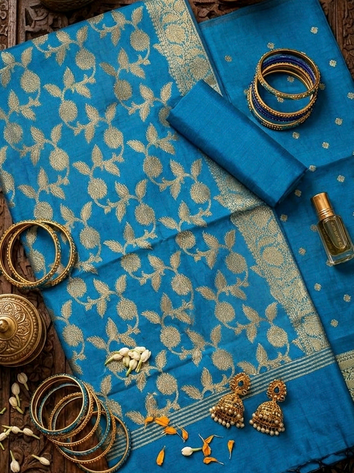 Blue Woven Design Banarasi Chanderi Unstitched Dress Material