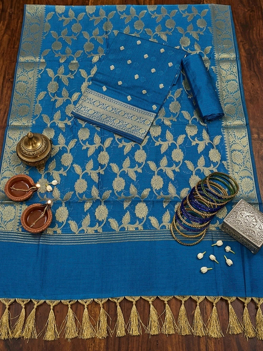 Blue Woven Design Banarasi Chanderi Unstitched Dress Material