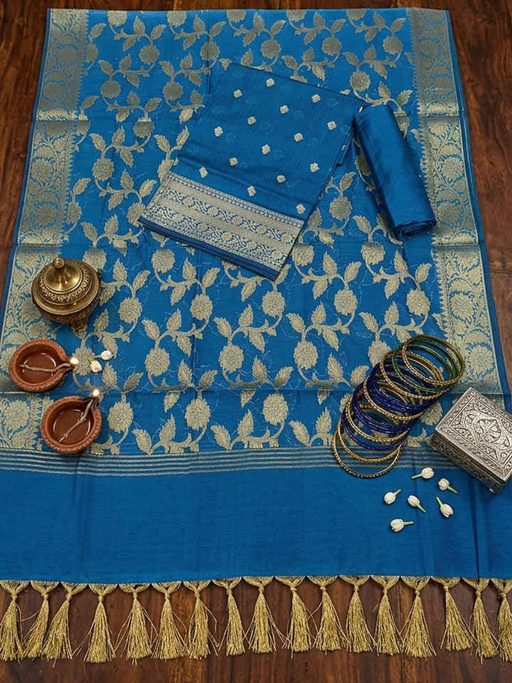 Blue Woven Design Banarasi Chanderi Unstitched Dress Material