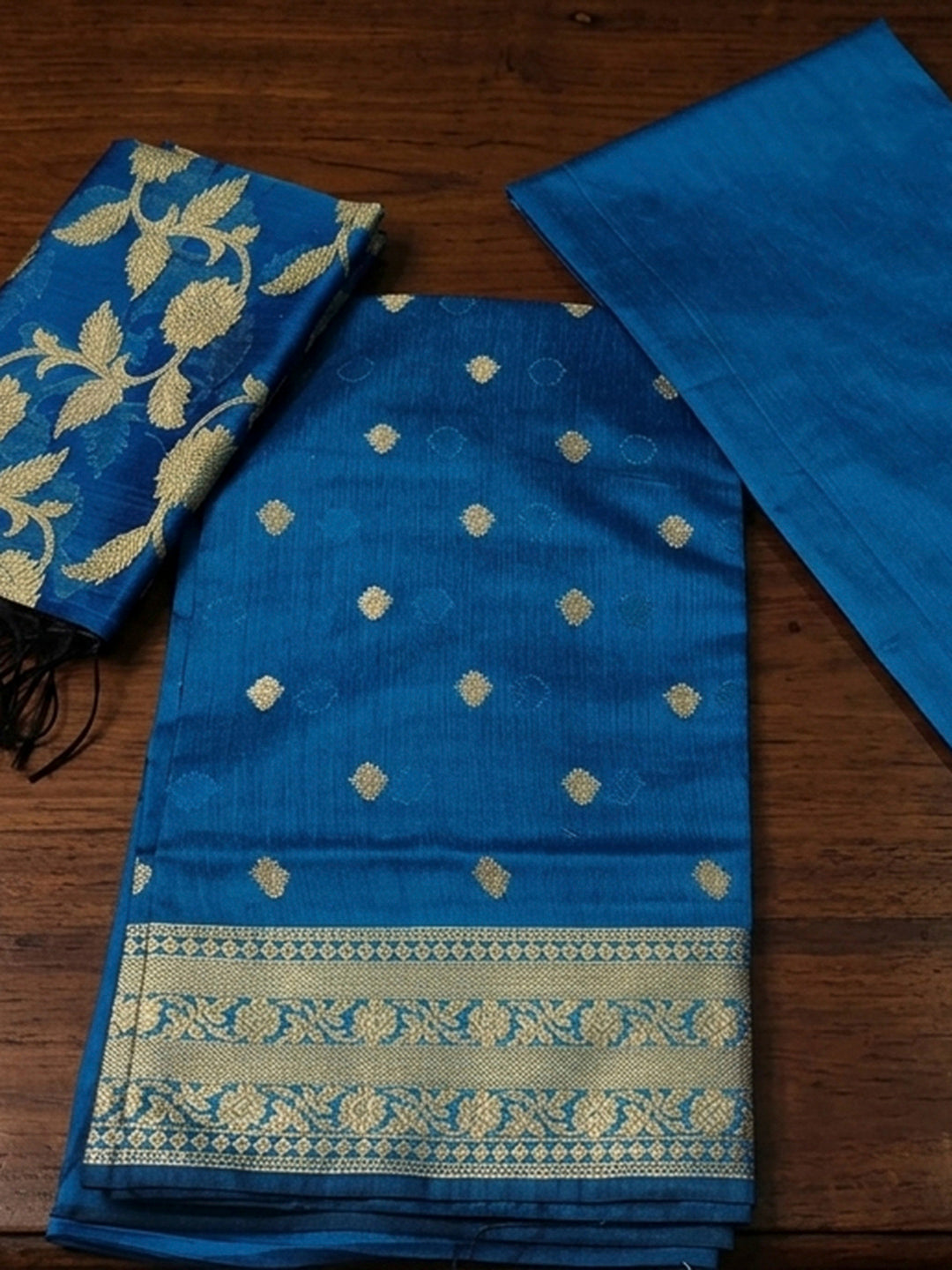 Blue Woven Design Banarasi Chanderi Unstitched Dress Material