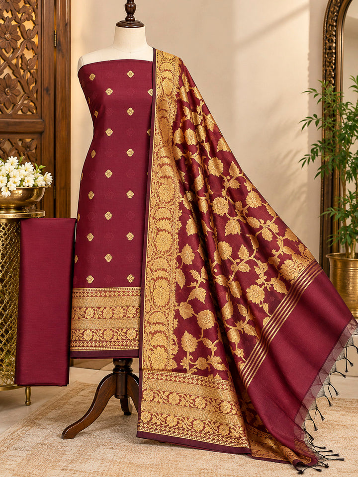 Maroon Woven Design Banarasi Chanderi Unstitched Dress Material