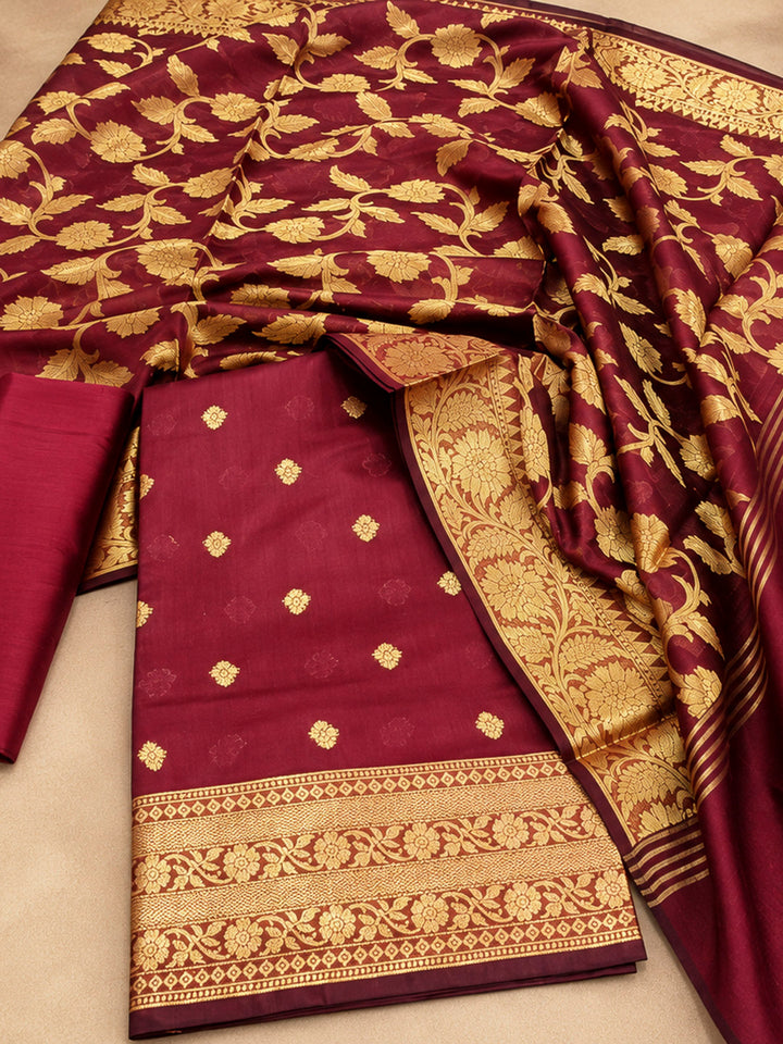 Maroon Woven Design Banarasi Chanderi Unstitched Dress Material