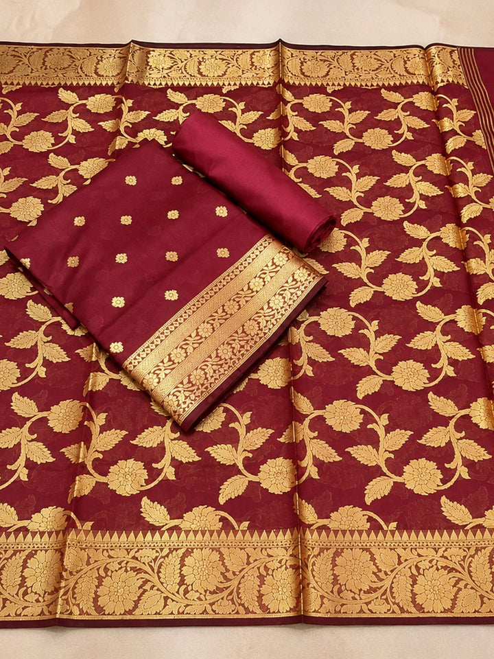 Maroon Woven Design Banarasi Chanderi Unstitched Dress Material